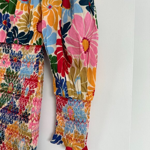 Farm Rio Sunny Daisies Mini Dress Floral Smocked High Neck Puff Sleeves Size XS - Picture 5 of 10